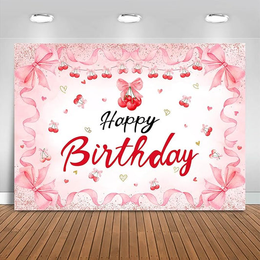 Mocsicka Cherry Happy Birthday Backdrop Cherry Theme Birthday Party Decorations Banner Red for Girls Cherries Fruit Theme Party Photography Backgorund Supplies (Pink, 6x4ft(72"x48"))