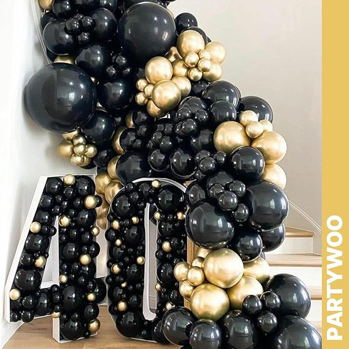 PartyWoo Black and Gold Balloons 66pcs 12 Inch Matte Black White Metallic Chrome Gold Confetti Balloons for Graduation Baby Shower Birthday New Year's Eve Anniversary Bachelorette Party Decorations