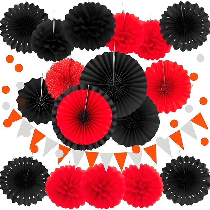 XIKSXITN 12 pc Black Red Tissue Paper Pom poms-Hanging Paper Pom Poms Paper Flowers Ball for Party Decorative(10&12 inch)