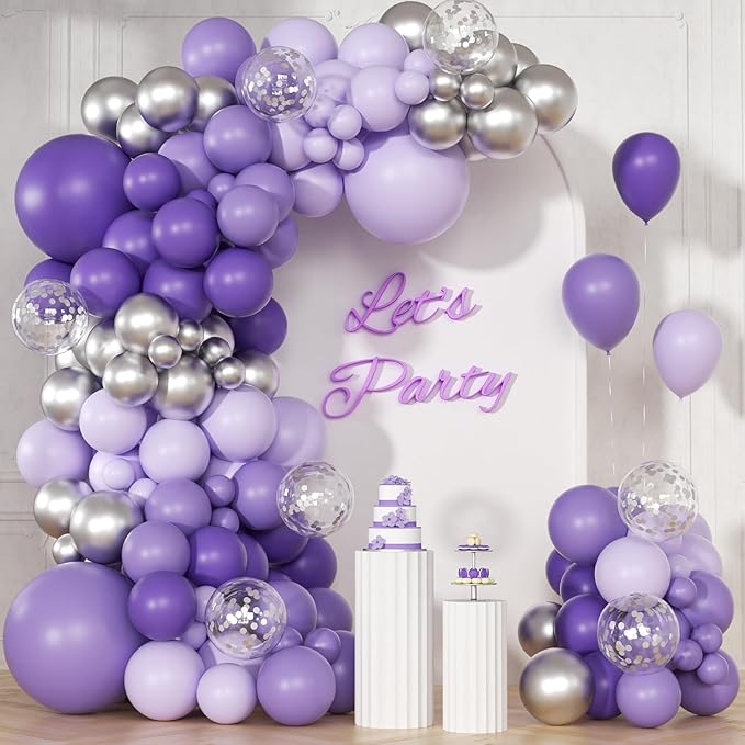 147pcs Purple Balloon Garland Arch Kit, Different Sizes with Dark Purple Light Purple Metallic Silver Confetti Lavender Latex Balloons for Baby Shower Wedding Birthday Party Decorations