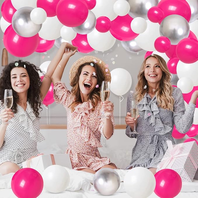 Rose Red, White, Metallic Silver Balloons Set, Hot Pink White Silver Balloon Arch for Birthday Baby Shower Princess Girl Baby Shower Christmas Party Supplies
