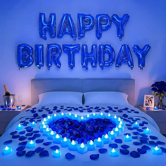 Blue Happy Birthday Balloons Decorations Happy Birthday Letter Balloons Banner Set with 24pcs Heart Flameless LED Candles and 2000pcs Artificial Rose Petals for Women Men Room Party Decor
