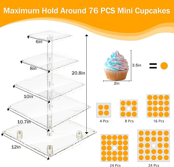 YestBuy 5 Tier Cupcake Stand for 60 Cupcakes,Clear Acrylic Cupcake Tower with Yellow LED Lights and 4.7" Clear Tiers, Perfect for Weddings, Birthdays and Dessert Tables