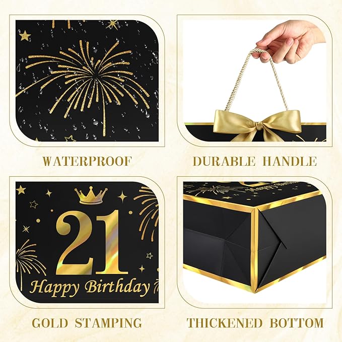 JMANNI Black Gold 21st Birthday Gift Bag with Card and Tissue Paper, 12.6"×9.84"×3.9" Elegant Present Bag for Adults, 21 Year Old Birthday Keepsake Party Supplies
