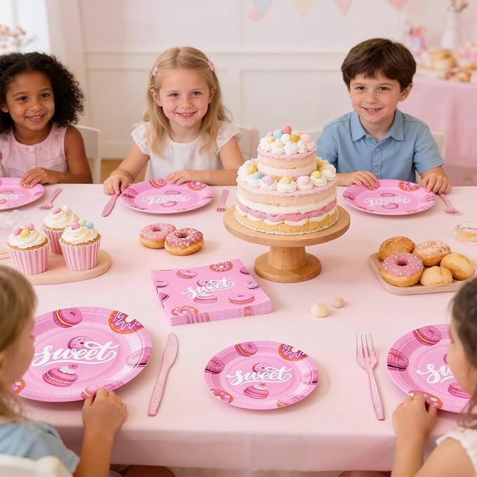 144Pcs Pink Donut Birthday Party Supplies Decorations Sweet Themed Paper Plates Napkins Vintage Party Tableware Disposable Dinnerware for Girl Kid Birthday Baby Shower Table Decor, Serve 24
