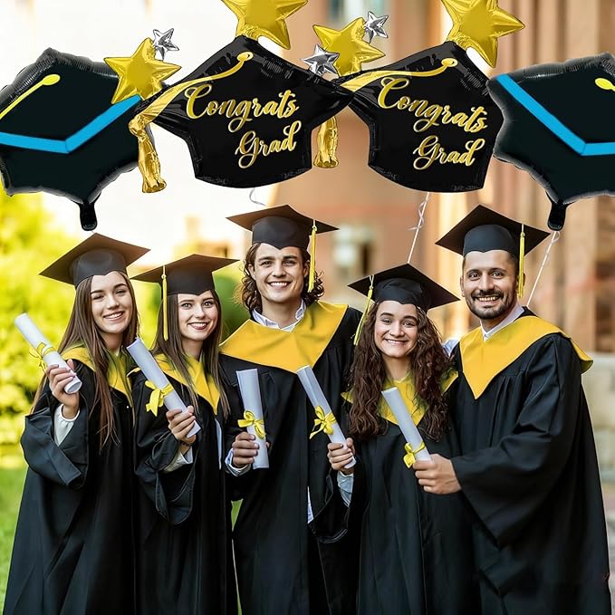 Pensar 6Pcs Graduation Cap Balloons Congrats Grad Hat Foil Balloons for Graduation Decorations, Class of 2026 Party Decor, College High School Grad Party Supplies