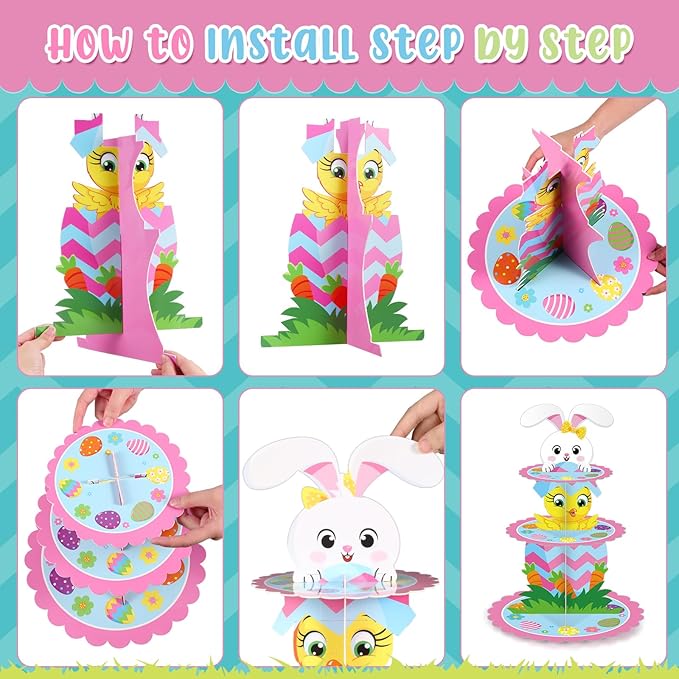 Zopeal 3 Tier Happy Easter Cupcake Stand Party Decorations Bunny Cupcake Holder Colorful Eggs Cake Holder Dessert Stand for Easter Party Supplies Birthday Baby Shower Decorations