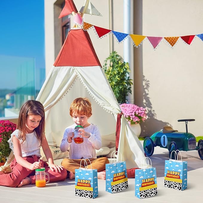 16 Pcs Cartoon Story Party Favor Bags, Cow Pattern Goodie Treat Bags, Blue Sky White Cloud Kraft Paper Candy Gift Bags With Handle for Kids Birthday Party Decorations