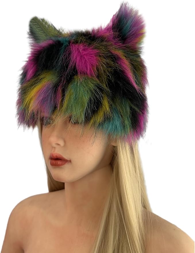 PURFUN Colorful Faux Fur Earflap Hats with Cat Ear, Adults Cosplay Halloween Animal Theme Wolf Cat Hooded Hat Costume Caps