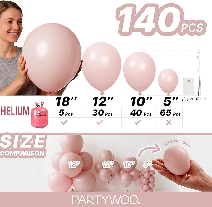 PartyWoo Dusty Pink Balloons 140pcs Different Sizes of 18 12 10 5 Inch Boho Blush Lilac Pink Latex Balloons for Birthday Baby Shower Graduation Anniversary Bachelorette Party Decorations Pink-F54