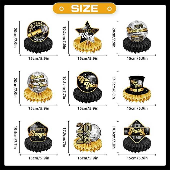Happy New Years Decorations 2026 Honeycomb Table Centerpieces, 9 Pack Black Silver and Gold Themed Table Toppers for New Year Eve Party Decor Supplies Home Dinning Room Event Party Favors