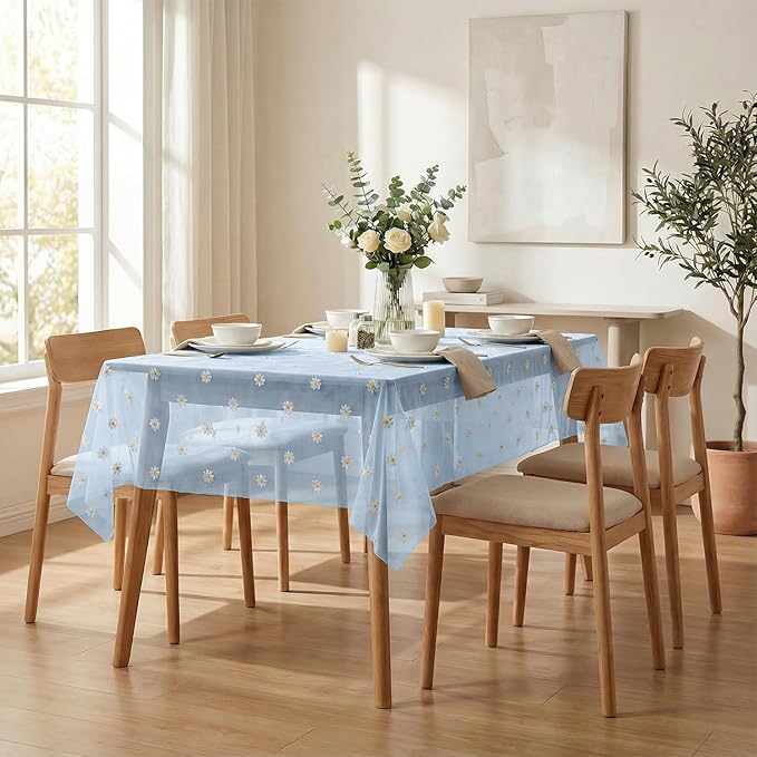 Horaldaily Blue Embroidery Daisy Spring Summer Gauze Tablecloth 60×120 Inch Rectangular, Seasonal Tulle Table Cover, Garden Party Decorations for Wedding, Party, Holiday Dining