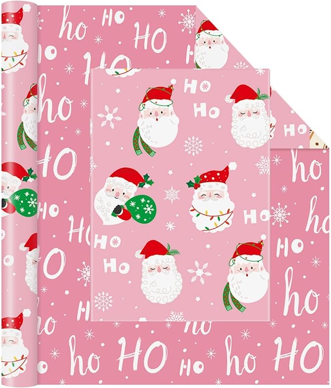 WERNNSAI Christmas Wrapping Papers - 1 Roll 17”x 33 ft Santa Claus Gift Wrapping Paper Reversible Christmas Wraps Supply for Kids Boys Girls HOHO Design Pink Gift Wrap for Winter Holiday Present