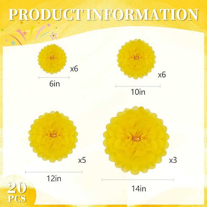 20 PCS Yellow Tissue Paper Pom Poms, Tissue Pom Poms Flowers, Sizes of 6", 10", 12", 14" Hanging Paper Flower Ball for Wedding, Birthday, Halloween, Christmas, Baby Shower Party Decor