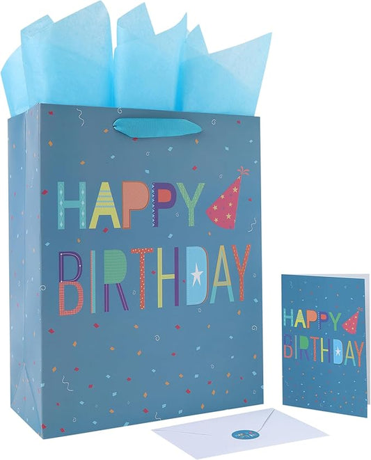Qirrmiy 13” Large Happy Birthday Gift Bag Set with Handles, Greeting Card, Blue Tissue Papers and Stickers for Boys Teens for Baby, Kids‘ Birthday Party, Newborn, Cute Design, 1 Pcs