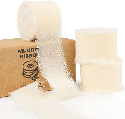 Cream Chiffon Ribbon - 1 Inch x 21 Yards Handmade Fringe Silk Ribbon for Boho Wedding, Gift Wrapping & Flower Bouquets