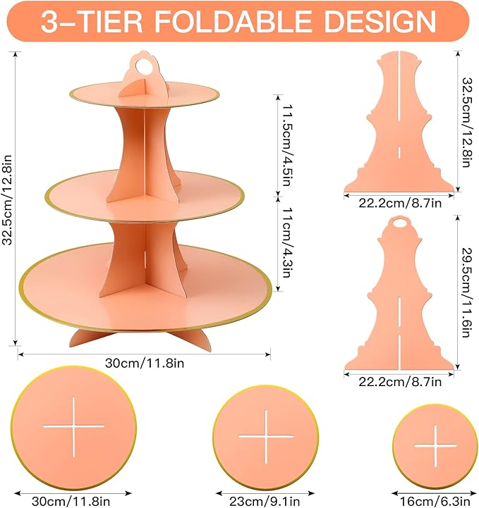 Soleebee 3-Tier Round Cupcake Stand, Cardboard Cupcake Tower, Dessert Cup Cake Stand Tower for Birthday Wedding Party Decoration, Cupcake Tier Stand 2 Set (Pink Gold)