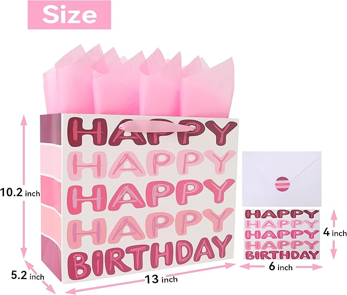 Qirrmiy 13'' Large Pink Happy Birthday Gift Bag Set with Handles, Greeting Card, Tissue Papers and Stickers for Women Girls Kids Teens, Words Design, 1 Pcs