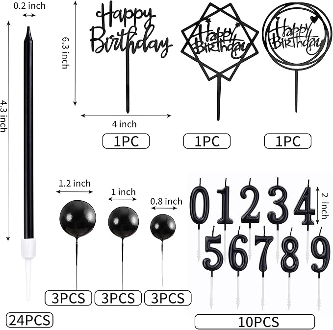 PHD CAKE 46 Pcs Black Birthday Candles, 10 Cake Number Candles, 9 Ball Cake Toppers, 3 Birthday Cake Toppers, Party Celebration