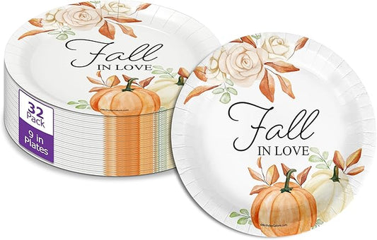 Birthday Galore Fall In Love Bridal Shower - 32 Piece Disposable Party Supplies - Pumpkin Bridal Shower Decorations - Round Party Plates - Large 9" Paper Plates In Bulk