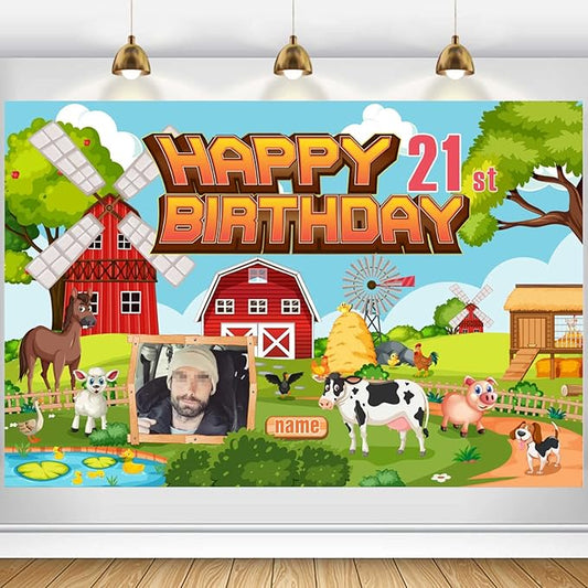 Custom Farm Theme 21st Birthday Decorations Banner - Personalized Fabric Banner for 21st Birthday Party Supplies