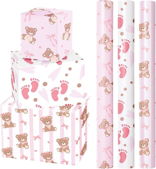 WRAPAHOLIC Bear Baby Shower Wrapping Paper - Mini Roll - 3 Rolls - 17 Inch x 120 Inch - Coquette Teddy Bear with Pink Ribbon Bow Wrapping Paper for Baby Shower, Girls Birthday
