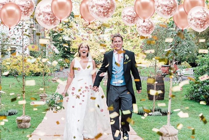 Rose Gold Confetti Latex Balloons, 50 pack 12 inch Birthday Balloons with 33 Feet Rose Gold Ribbon for Party Wedding Bridal Shower Decorations