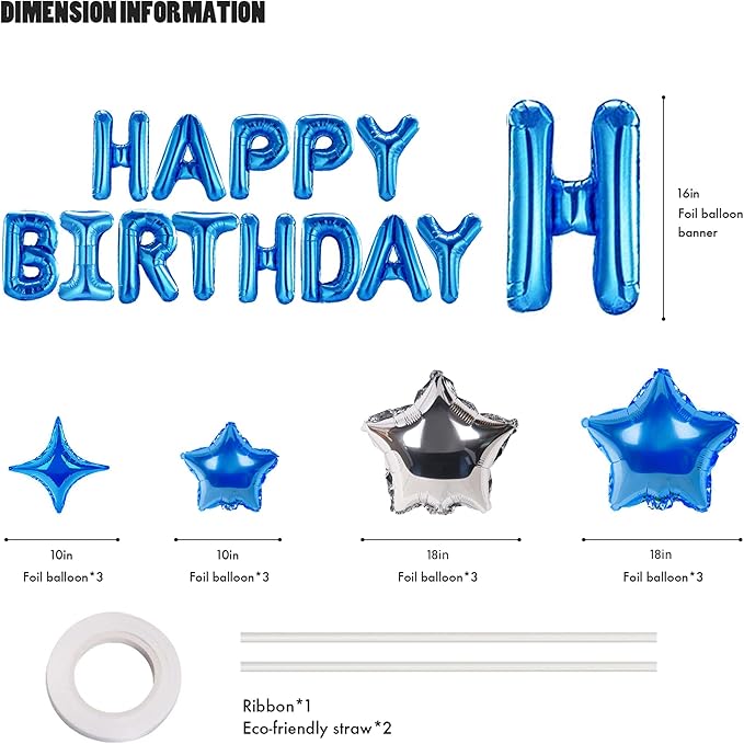 CANREVEL Happy Birthday Banner 13pcs 16 Inch Mylar Foil Letters with 12pcs Star Balloons Birthday Party Decorations for Kids and Adults - 3D Blue