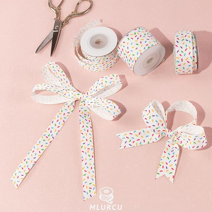 Candy Sprinkle Grosgrain Ribbon 3 Rolls Donuts White Colorful Sprinkle Ribbon 5/8", 7/8", 1.5" for Gift Wrapping, Birthday Donuts Theme Party, Baby Shower, Wreaths, Hair Bows, Banners, Candy Bags