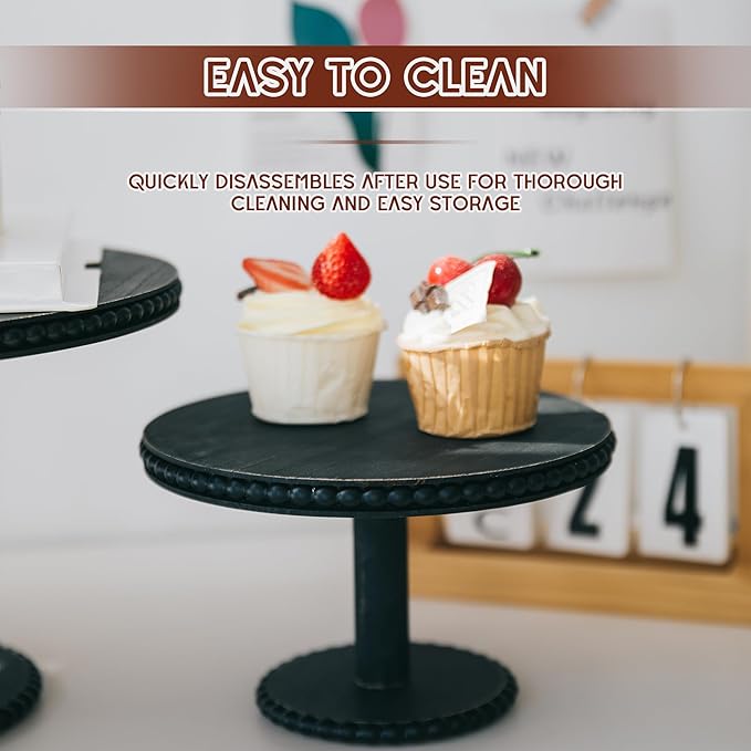 GENMOUS 8", 10", 12" Rustic Farmhouse Cake Stand, Decorative Wooden Beaded Cake and Cupcake Stand Combo for Birthday Party Decor, 3 Tiered Dessert Table Display Set for Wedding, Baby Shower, Black