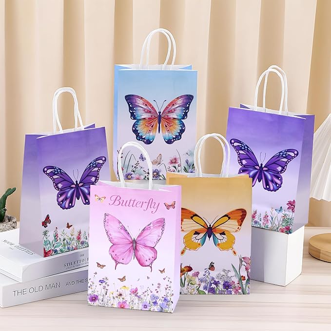 JALEBRO 24PCS BUTTERFLY Party Favors Gift Bags Bulk with Handle, Paper Snack Treat Goodie Bag for BUTTERFLY Theme Goody Bags Birthday Party Decorations Supplies 8"x5.9"x3.1"