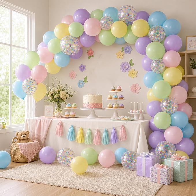 Pastel Balloons, 60Pcs Colorful Balloon, 12 Inch Latex Pearl Yellow Purple Pink Blue Green Multicolor Confetti Balloons Helium for Kids Baby Shower Birthday Wedding Easter Pastel Party Decorations