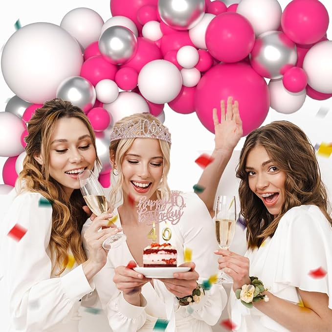 Rose Red, White, Metallic Silver Balloons Set, Hot Pink White Silver Balloon Arch for Birthday Baby Shower Princess Girl Baby Shower Christmas Party Supplies