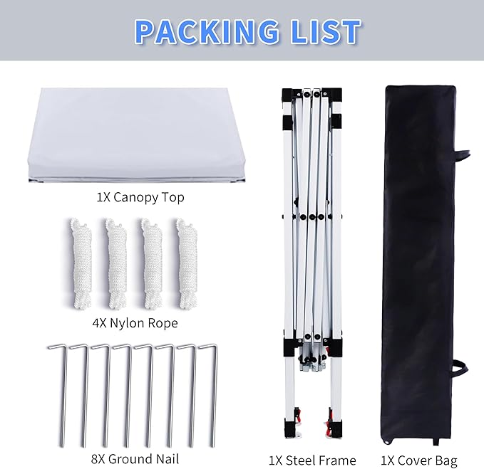 Pop Up Canopy Tent 8X8 FT,Easy Set-up Sade,Instant Shelter w/Canopy Cover,4 Ropes,Adjustable Straight Leg Heights Canopies,Outdoor Patio Tents for Parties,Commercial,White