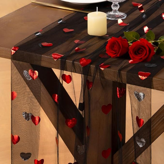 Socomi Valentine's Day Red Heart Table Runner Gauze Sheer Romantic Sequin 10FT Glitter Metallic Foil Dining Wedding Birthday Party Baby Shower Holiday Centerpiece Table Decor 3pcs Black