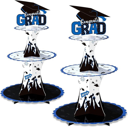Nuenen 2 Pcs Graduation Cupcake Stand 3 Tier Black Graduation Cupcake Holder Class of 2026 Congrats Grad Cake Holder Dessert Tower for Grad Party Decorations Supplies Favors(Blue)