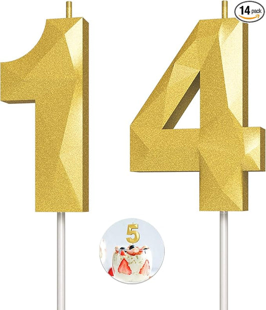 Number Birthday Candles(14 Candle Gold) 3D Diamond Shape Number Happy Birthday Cake Candles for Birthday Party Wedding Decoration Reunions Theme Party