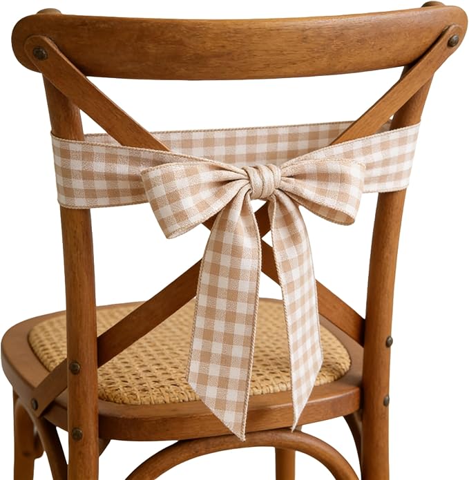 Meseey 10 Yards Tan and White Buffalo Plaid Burlap Ribbon,4 Inch Width Farmhouse Wired Ribbongs for Sewing, Crafting, Decoration, DIY Projects