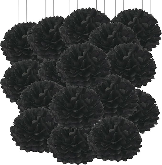 Qimoo 20pcs Black Paper Pom Poms Decorations, DIY Decorative Tissue Paper Pom-poms Flowers Ball for Party Wedding Outdoor Decoration