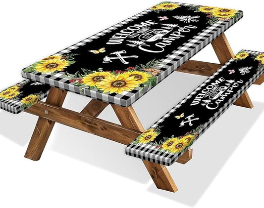 Sunflower Plaid Picnic Table Cover with Bench Covers and Bag, Camping Essentials, Checkered Floral Waterproof Windproof, Fitted Tablecloth Cover with Elastic Edge, Garden & Outdoor, 3 PCS, 30x60 Inch
