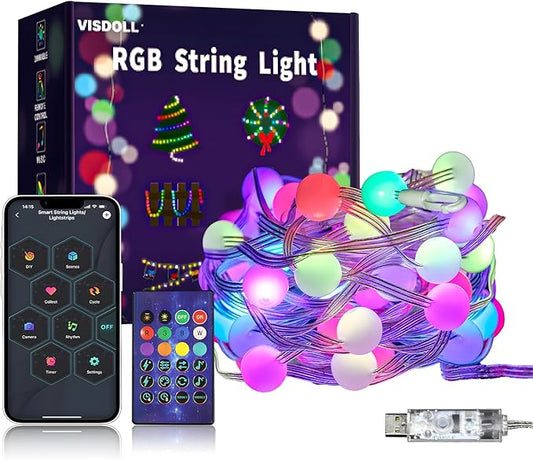 Christmas String Lights Indoor 16.4FT 33LEDs, Smart RGB Fairy Twinkle Christmas Lights with Music Sync, RF Remote, APP Control, Multicolor, USB Powered for Party Garden Bedroom Decor