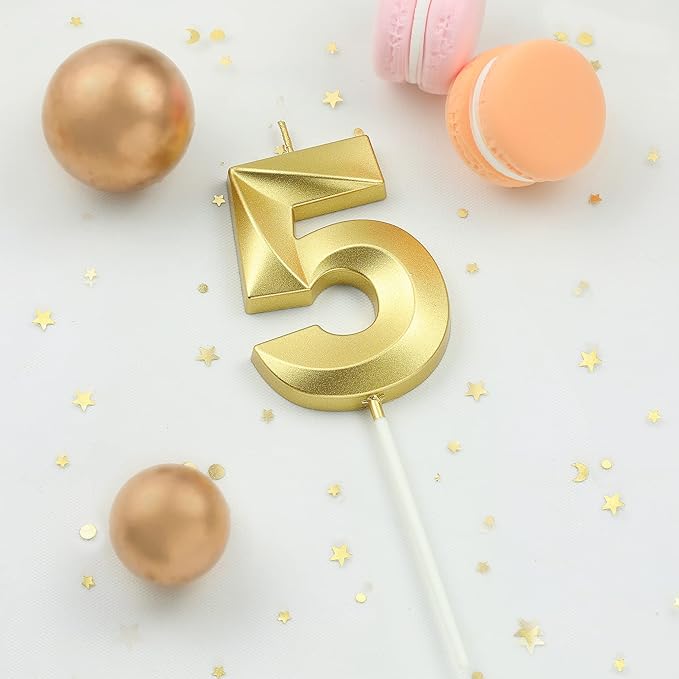 2.76 Inch Diamond Gold 5 Number Birthday Candles, Gold and Cake Number Candles for Party Celebration