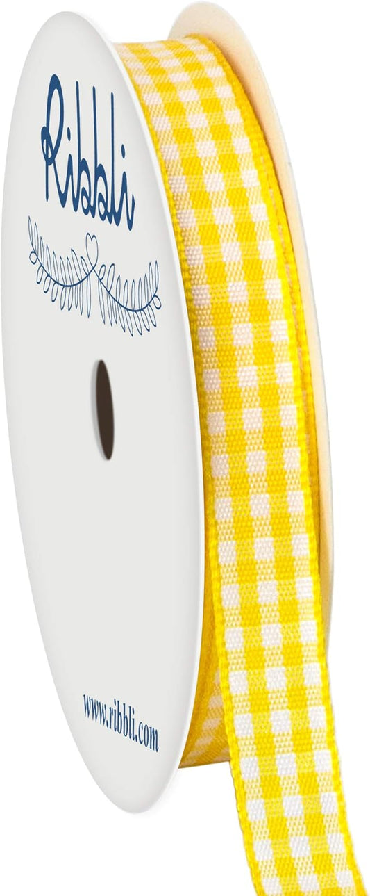 Ribbli Yellow and White Gingham Ribbon,100% Polyester Woven Edge,3/8 Inch x 10 Yard,Plaid Ribbon Use for Gift Wrapping,Party Decoration