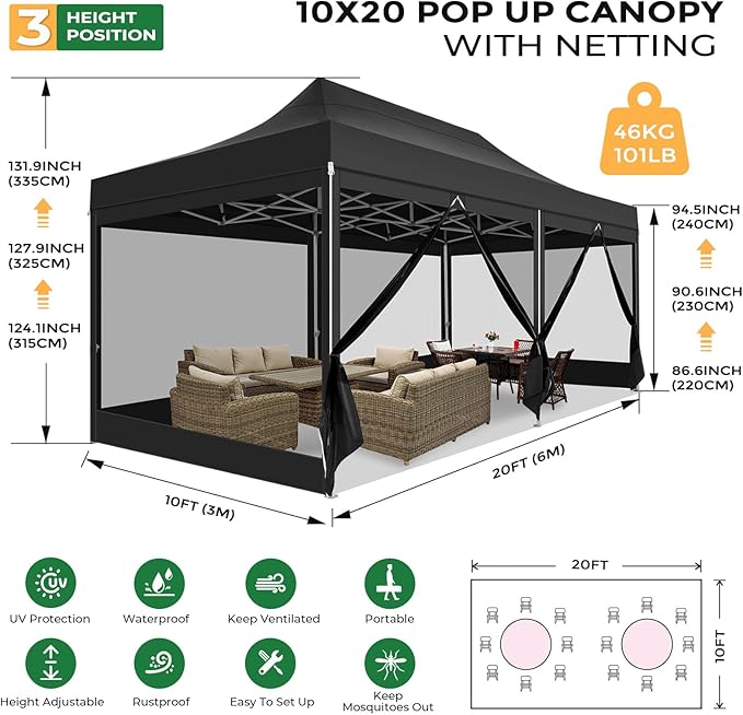 COBIZI 10x20 Heavy Duty Pop Up Canopy Tent with 6 Sidewalls, Easy Set Up Outdoor Waterproof Screen Commercial Party Tent with Mosquito Netting for Parties Backyard Patio, Roller Bag, Black