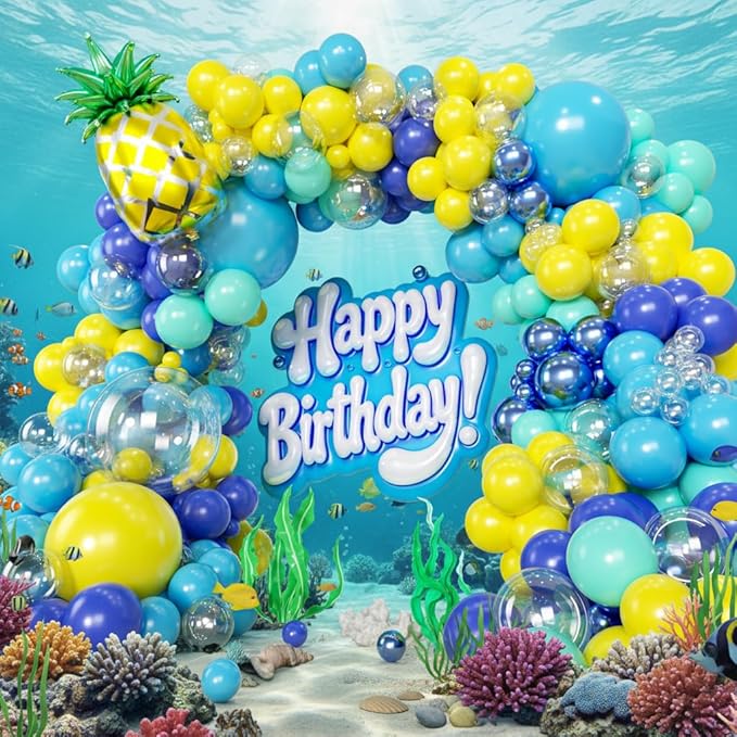 160pcs Cartoon Sponge Balloons Garland Arch Kit, Birthday Decorations Yellow Blue Clear Metallic Blue Teal Balloons and Pineapple Balloon Arch for Cartoon Birthday Baby Shower Party Decor