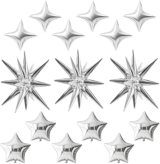 TONIFUL 22Inch 15Pcs Silver Large Explosion Star Mylar Balloons and 10Inch Four Pointed Star Balloons Set for Christmas New Year Birthday Wedding Bridal Shower Anniversary Photo Booth Supplies