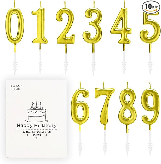 Beanlieve 10-Pieces Numeral Birthday Candles - Cake Numeral Candles Number 0-9 Glitter Cake Topper Decoration for Birthday,Wedding Anniversary,Party Celebration (Gold)