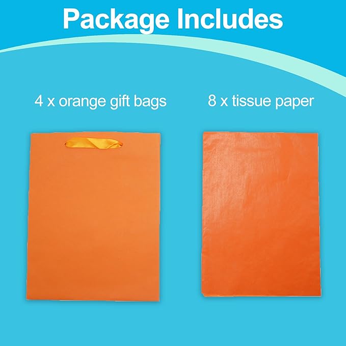 MOXARYSU 4 Pcs Medium Orange Gift Bags: 8x5x10 Inches Gift bags With Handles Party Favor Bags With 8 Tissue Paper For Party,Birthday,Baby Shower,Wedding（Orange）