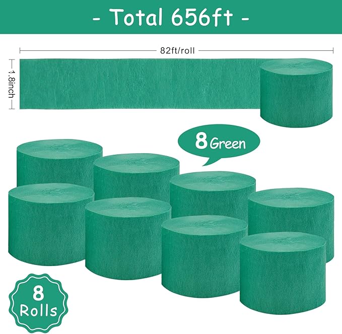 8 Rolls Green Crepe Paper Streamers Party Streamers Photo Booth Backdrop Party Supplies for Birthday Tropical Summer Jungle Dinosaur St Patrick Football Party Decorations（Total 656ft, 1.8Inch x 82Ft
