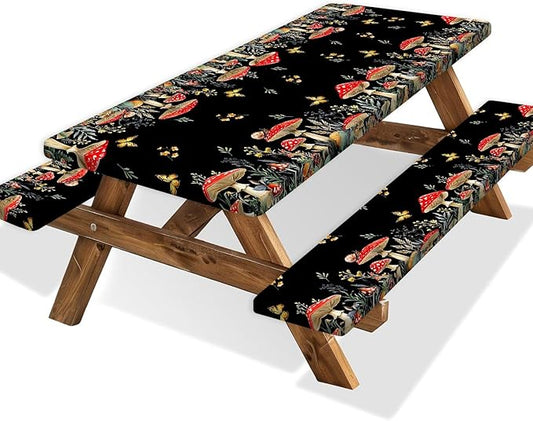 Mushroom Picnic Table Cover with Bench Covers, Camping Essentials, Waterproof Windproof Camping Tablecloth, Fitted Tablecloth Cover with Elastic Edge, for Indoor & Outdoor, Garden, 3 PCS, 30x96 Inch